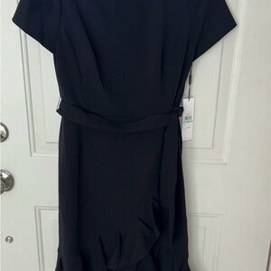 New CALVIN KLEIN Size 8 Ruffled Tulip-Hem Crepe Dress Self-Tie Belt Black